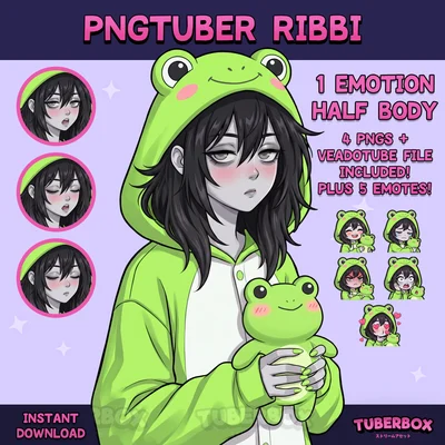 PNGTuber модель девушки Ribbi F13 в худи лягушки с эмоутами