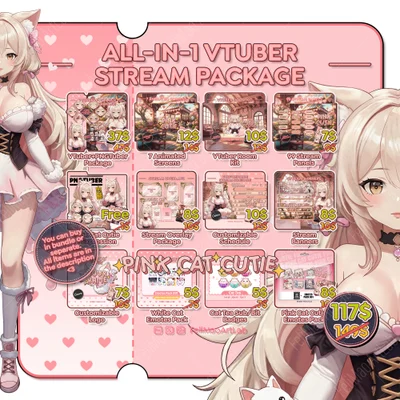 Полный набор оформления стрима Pink Cat Cutie с VTuber и PNGTuber